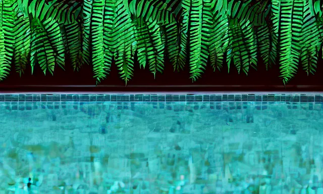 Image similar to 3d render of indoor pool with ferns and palm trees, pool tubes, chromatic abberation, depth of field, 80s photo