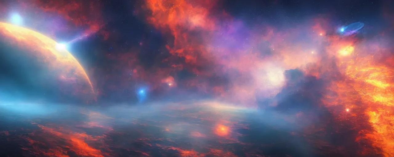 Image similar to warm colours, cinematic render of atmospheric deep space, volumetric lighting, cathrin machin