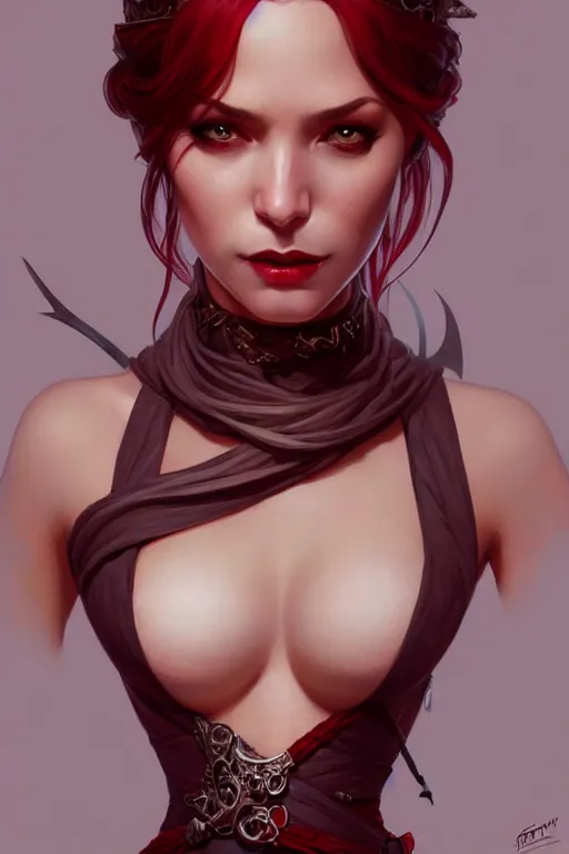 Image similar to Portrait of seductive female rogue, D&D, revealing stylish dress, choker on neck, long blonde or red hair, mouth slightly open, slight nerdy smile, fantasy, intricate, elegant, highly detailed, digital painting, artstation, concept art, smooth, sharp focus, illustration, art by artgerm and greg rutkowski and alphonse mucha