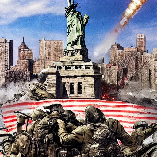 Image similar to The war between the Soviet Union and America, the action takes place in New York, far away against the background of the Statue of Liberty, a lot of soldiers and military equipment, a lot of explosions and tracer bullets, a lot of ruins, a very epic battle, The style of photography of the 80s, very detailed and detailed style