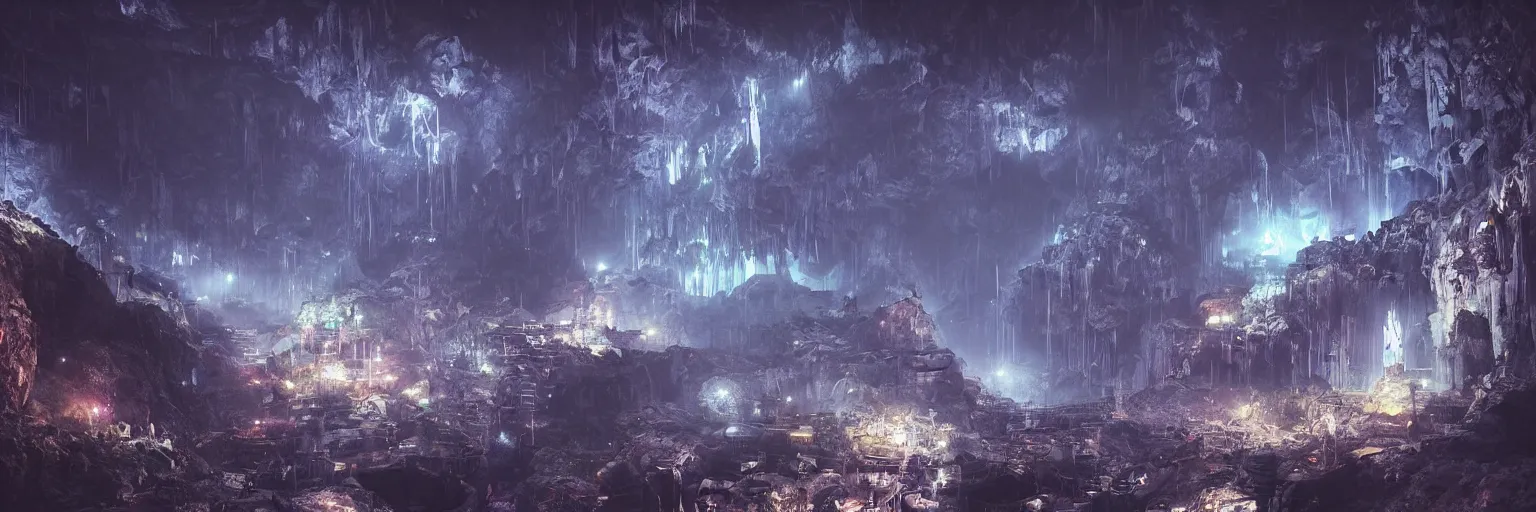 Prompt: “underground dark fantasy megapolis in a giant cave, bioluminescent mushrooms, magic crystals, Artstation HQ, photorealistic, hiperrealistic, 4k UHD, Unreal Engine 5, cinematic shot, cinematic lightning, dark tones, high contrast, masterpiece”