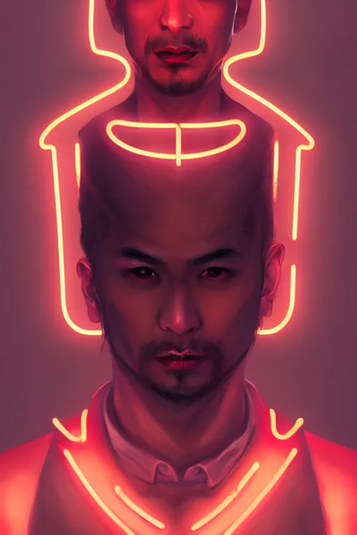 Image similar to 3 / 4 portrait, male asian vampire of clan banu haqim, from vampire the masquerade, night, crop top, beautiful, in a modern city, neon signs, jewelry, tattoos, artstation, william bouguereau, rossdraws, greg rutkowski, super detailed, realistic, octane render, volumetric, cinematic, 8 k