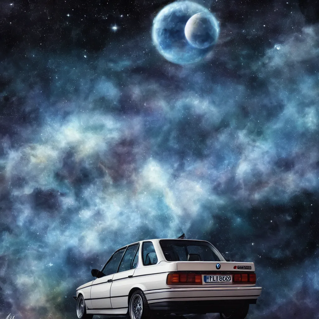 Prompt: bmw e30, alien planet background, hyperrealism, nebula