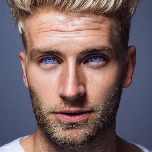 Image similar to close up of face of good looking 4 0 year old blond man with blond stubble, very short wavy blond hair in a short pompadour style, very pale skin, blue eyes, hairy shoulders, hairy chest, color portrait, 4 k