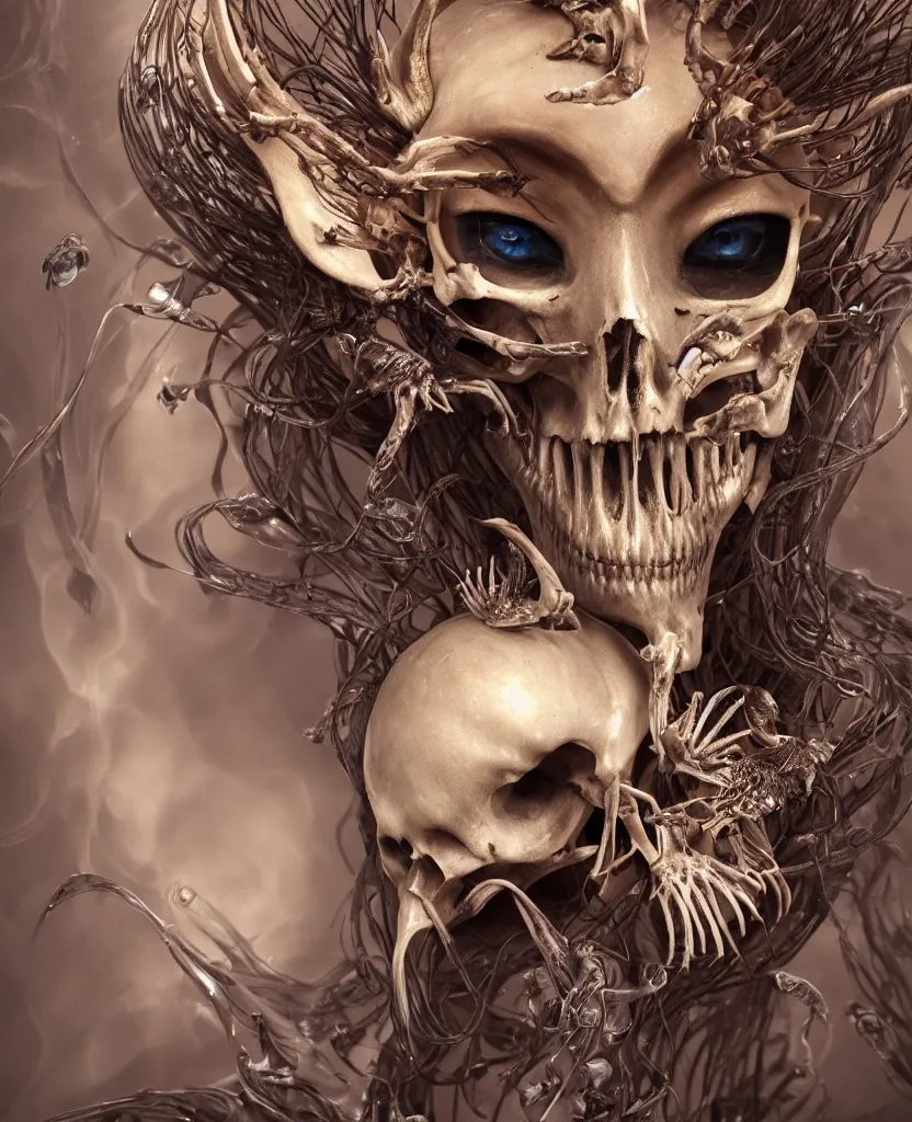 Image similar to close-up macro portrait of the face of a beautiful princess with animal skull mask, epic angle and pose, ribcage bones symmetrical artwork, 3d with depth of field, blurred background, cybernetic jellyfish female face skull phoenix bird, translucent, nautilus, energy flows of water and fire. a highly detailed epic cinematic concept art CG render. made in Maya, Blender and Photoshop, octane render, excellent composition, cinematic dystopian brutalist atmosphere, dynamic dramatic cinematic lighting, aesthetic, very inspirational, arthouse. y Greg Rutkowski, Ilya Kuvshinov, WLOP, Stanley Artgerm Lau, Ruan Jia and Fenghua Zhong