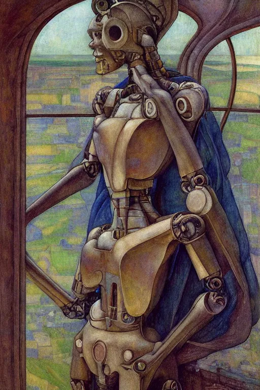 Image similar to the robot wearing her bone crown stands by the window , by Annie Swynnerton and Diego Rivera and Elihu Vedder, symbolist, dramatic lighting, elaborate geometric ornament, Art Brut, soft blues and greens,smooth, sharp focus, extremely detailed, Adolf Wölfli and Evelyn De Morgan