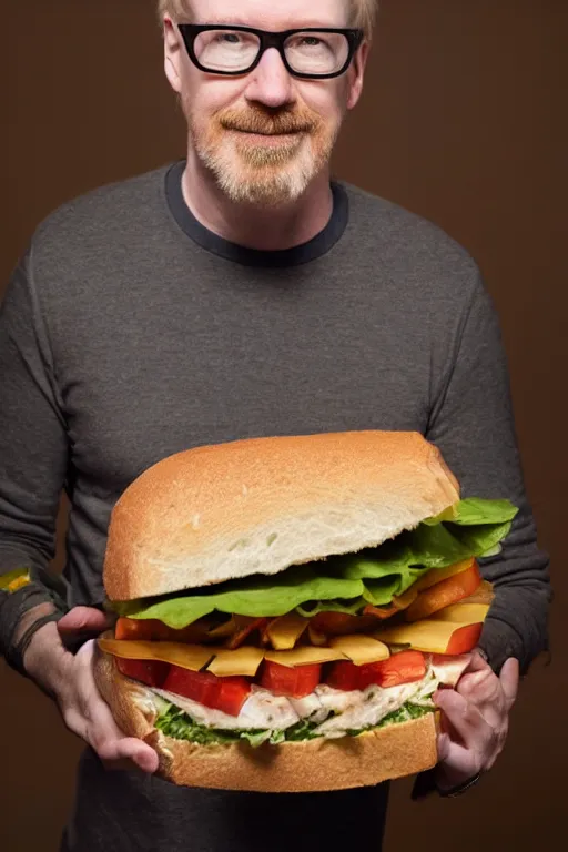 Image similar to 📷 portrait of adam savage the sandwich, made of food, still image, dynamic lighting, 4 k