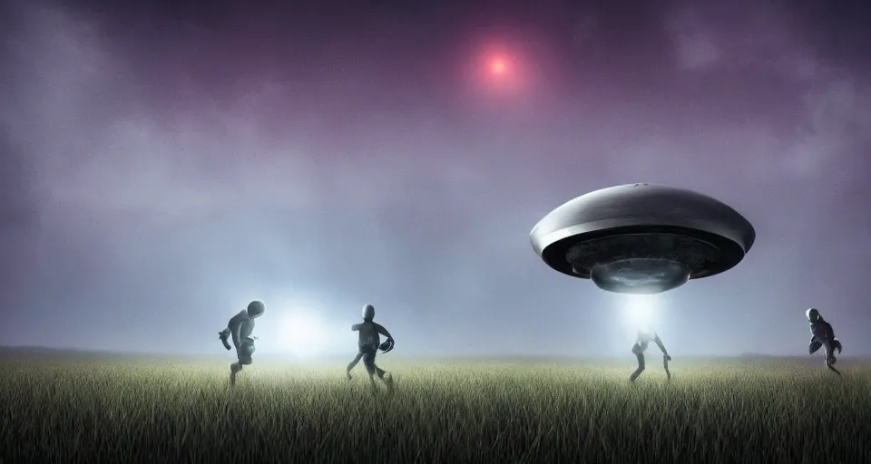 Image similar to Alien UFO abducting man in the middle of a field at night, atmospheric, symmetrical composition, artstation