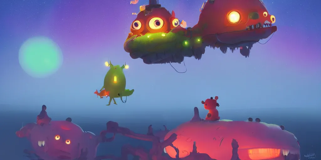 Prompt: cute monsters and Aurora borealis by Goro Fujita and Simon Stalenhag and Pixar and Ralph Steadman, 8k, trending on artstation, hyper detailed, cinematic