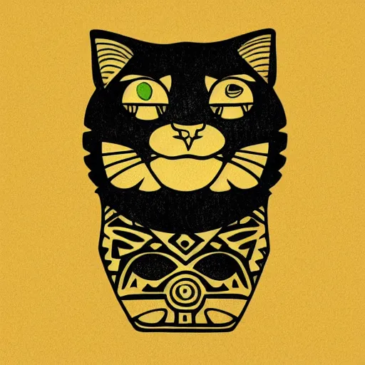 Image similar to tattoo sketch of a one eye cat hugging the sun, on a yellow paper, maori ornament, polinesian style, minimalism, vector