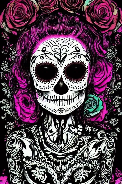 Image similar to Illustration of a sugar skull day of the dead girl, art by liam wong