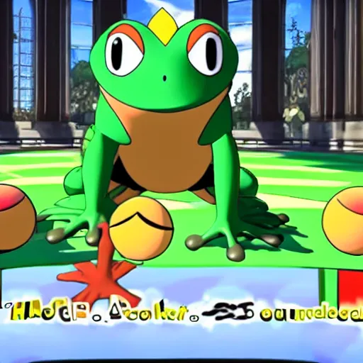 Image similar to frog pokemon trainer, wes anderson, screenshot from pokemon sword and shield