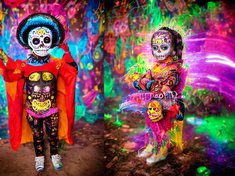 Prompt: A child wearing dia de los muertos face make-up and a luchador costume sits in a cage, during a 1980s laser show, and whispers secrets to her guardian spirit. Lowbrow, pop surrealism art style, alebrijes aesthetic, contemporary art illustration, photography by Steven Curry, ultra real 8k photography