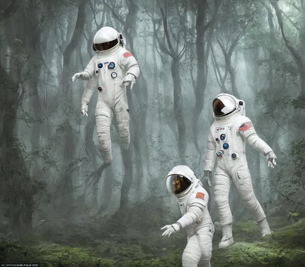 Image similar to modern scifi astronaut dressed in white suit is walking on the ground of a forest filled with demonic heads and claws, by blizzard concept artists