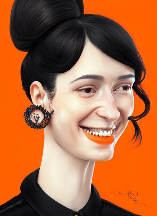 Prompt: portrait of high school girl, realistic, black hair, bangs, half updo hairstyle, pointy nose, skinny, smile, ugly, defined jawline, big chin, orange hair bow, earrings, intricate, elegant, riverdale, highly detailed, digital painting, artstation, sharp focus, illustration, art by wlop, mars ravelo and greg rutkowski