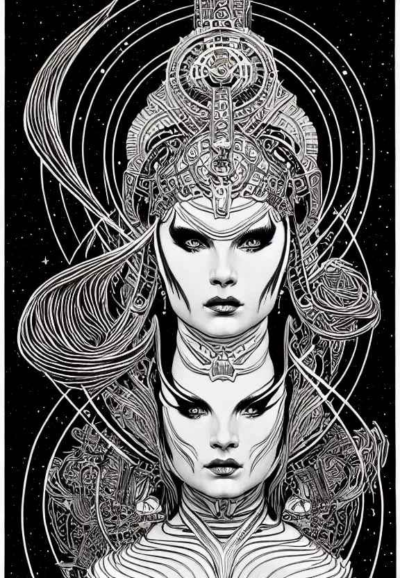 Image similar to ancient goddess, extremely detailed, bold line art, by vincent di fate and joe fenton and artgerm, oizys, centered, inking, etching, screen print, inkblots of color, masterpiece, trending on artstation, sharp, high contrast, hyper realistic, hd, 4 k, 8 k