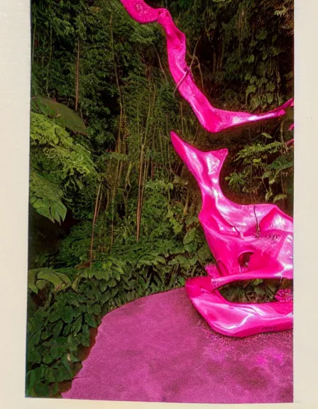 Image similar to vintage color photo of a giant 1 1 0 million years old abstract sculpture made of liquid pink gold covered by the jungle vines