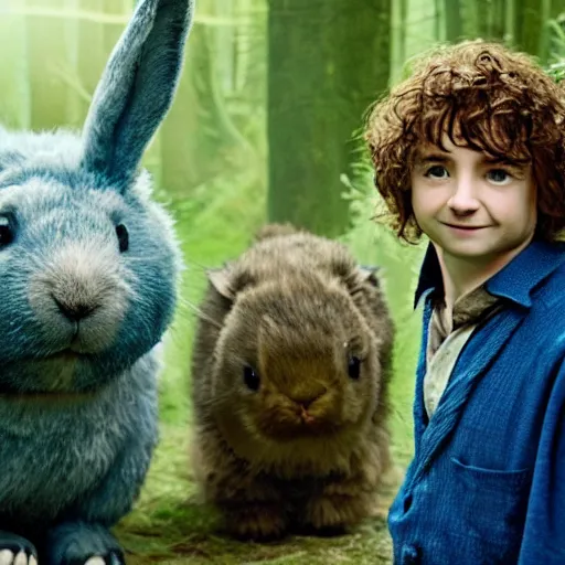 Image similar to a british lad as Bartook a teen hobbit with short curly dark brown hair wearing a blue vest with a white sash standing next to a giant rabbit, high resolution film still, movie by Peter Jackson