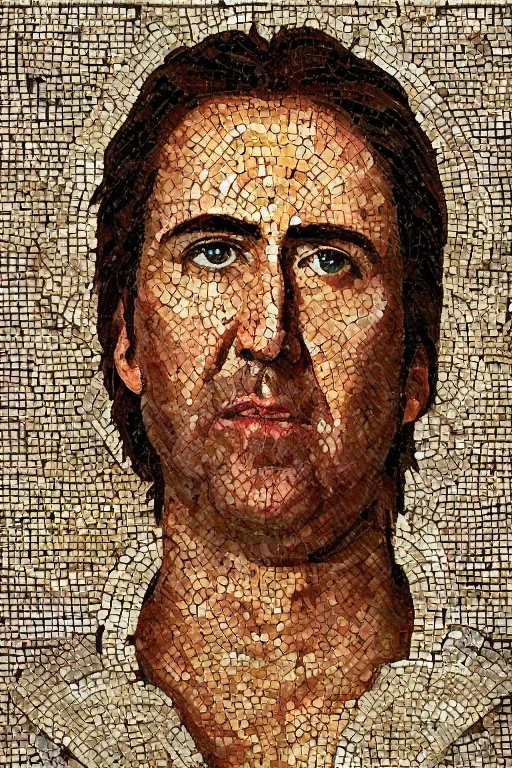 Prompt: Portrait of Nicholas Cage as a roman mosaic, 200 AD