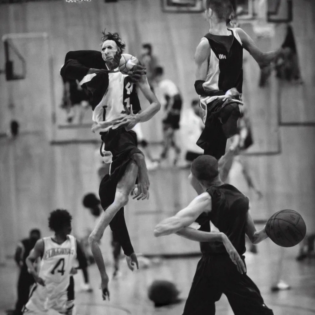 Prompt: portrait of nosferatu playing alone basketball at the nba, 1 2 0 mm lens,