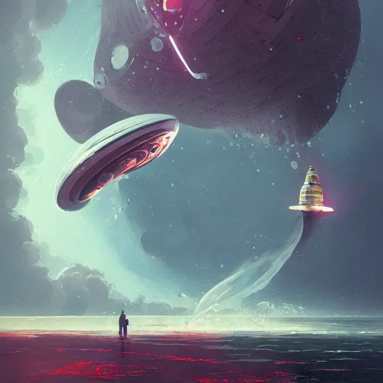 Image similar to round mechanical spaceship nautilus dripping wet emerging from a the ocean, launching to space, big booster rocket engines, sci - fi concept art, by john harris, by simon stalenhag, stunning, award winning