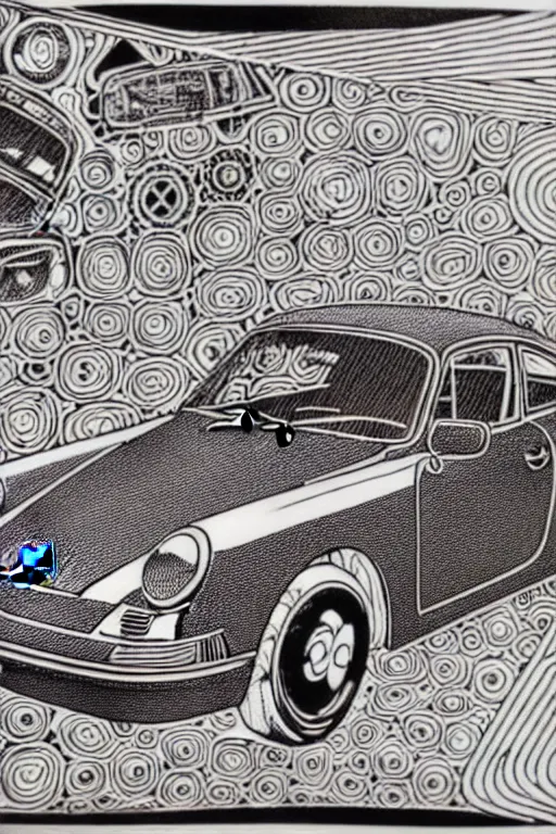 Image similar to a black and white drawing of a porsche 9 1 1, a detailed mixed media collage by hiroki tsukuda and eduardo paolozzi and moebius, intricate linework, sketchbook psychedelic doodle comic drawing, geometric, street art, polycount, deconstructivism, matte drawing, academic art, constructivism