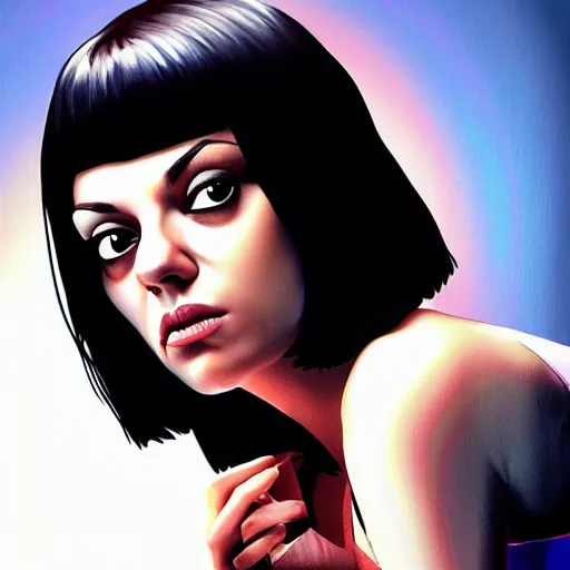 Prompt: Mila Kunis as Mia Wallace in Pulp Fiction, Cinematic Digital art