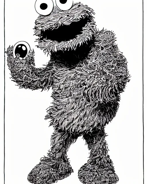 Image similar to an illustration of Cookie Monster, full body, pen-and-ink illustration, etching, by Russ Nicholson, DAvid A Trampier, larry elmore, 1981, HQ scan, intricate details