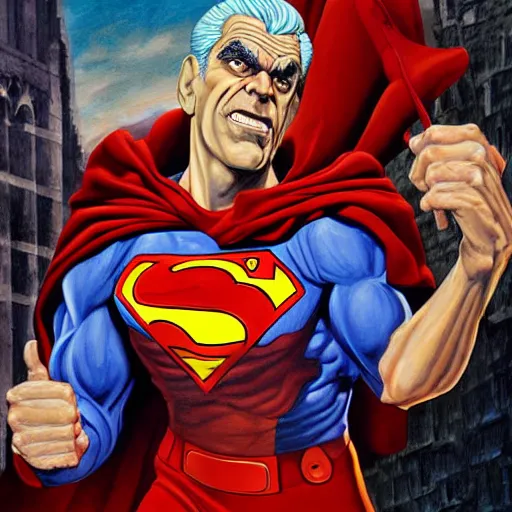 Image similar to Painting of Boris Karloff as Superman fighting Hunchback of Notre Dame by Mark Brooks