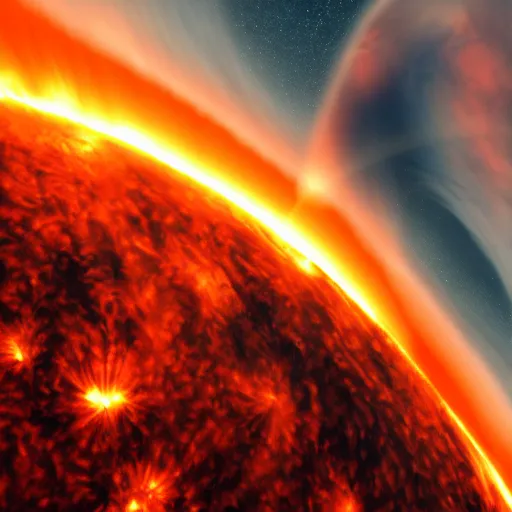 Image similar to The Sun spewing red and orange solar flares from its poles, distributing an enormous amount of energy, creating a superstorm that could catastrophically erupt the normality of space and time, satellite imagery, satellite visible light imagery, trending on artstation, 4k, 8k