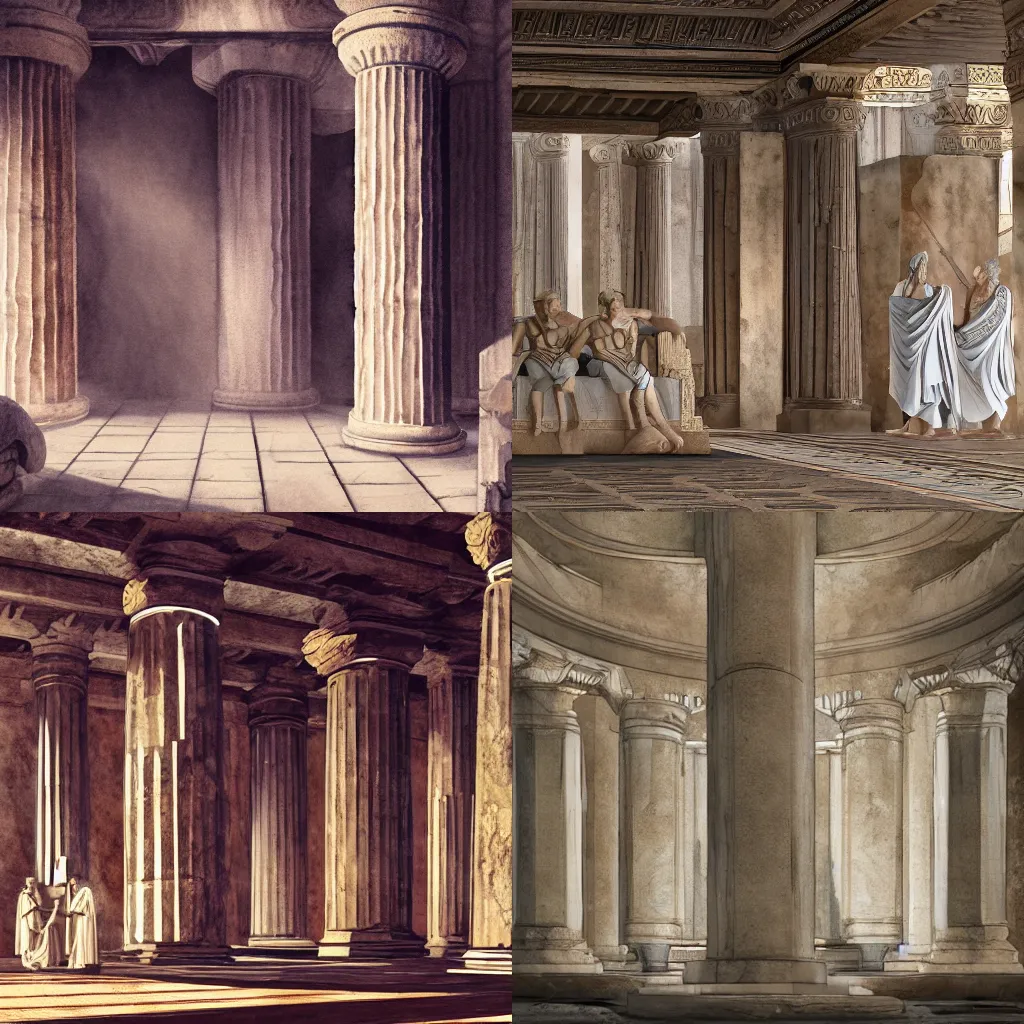Prompt: ancient greek-inspired temple interior, modernized, reconstruction, fantasy, cinematic lighting, digital illustration trending on artstation, deep watercolors, king and advisor discussing in white robes draped over a single shoulder