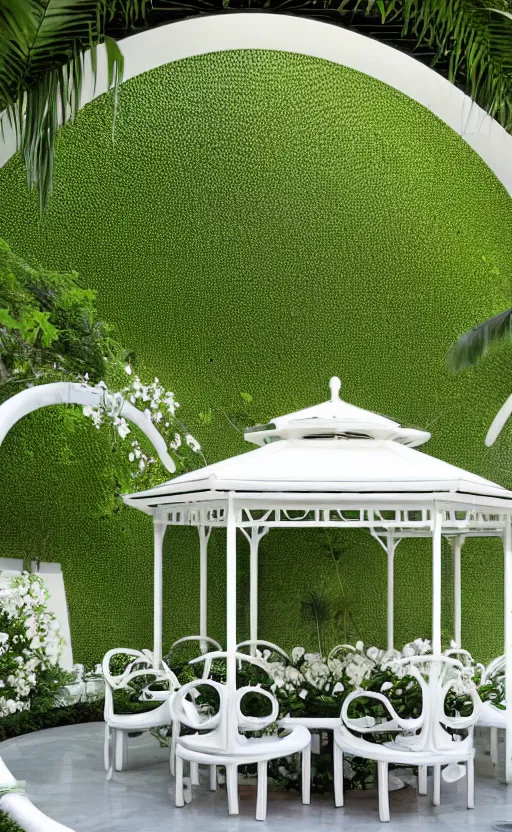 Prompt: elegant white small gazebo - like patio into a coveted alcove, vining foliage of blooming desert cassia, vincent callebaut architecture, archviz, metropolitan area, octagonal covered screen porch as a setting for a custom round dining table, cozy, magnolias, decorative black metal screens and lots of greenery, secret garden vibe, 8 k, unreal engine,