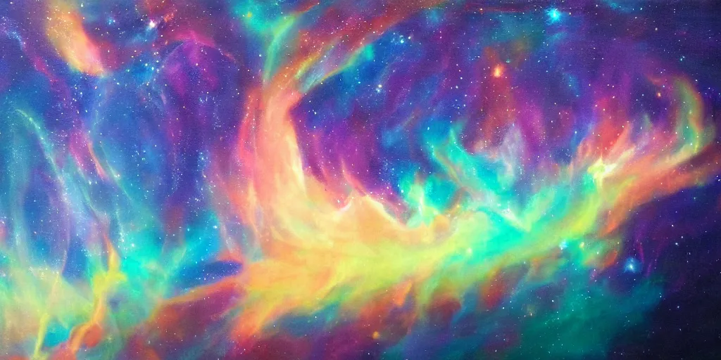 Prompt: Panoramic painting of a glowing, volumetric nebula, luminous oil on canvas.