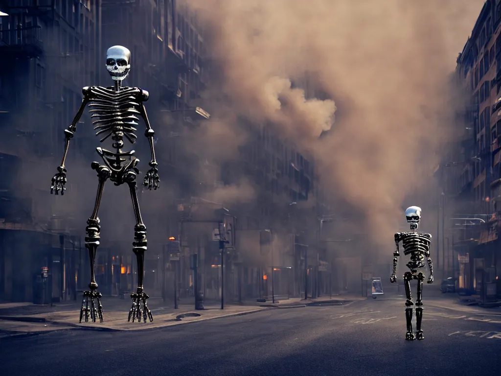 Image similar to t 1 0 0 endoskeleton on a city street, smoke, fi, chrome, shiny, reflective, metallic, 3 d, render, realistic, hdr, stan winston studios, dramatic lighting, flame colors bright