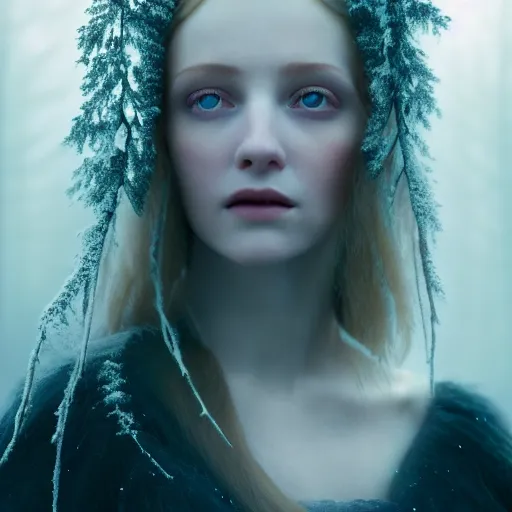 Image similar to photographic portrait of a stunningly beautiful english renaissance female in soft dreamy light at sunset, frozen forest, soft focus, gothic, contemporary fashion shoot, in a denis villeneuve and tim burton movie, by edward robert hughes, annie leibovitz and steve mccurry, david lazar, jimmy nelsson, extremely detailed, breathtaking, hyperrealistic, perfect face, octane render