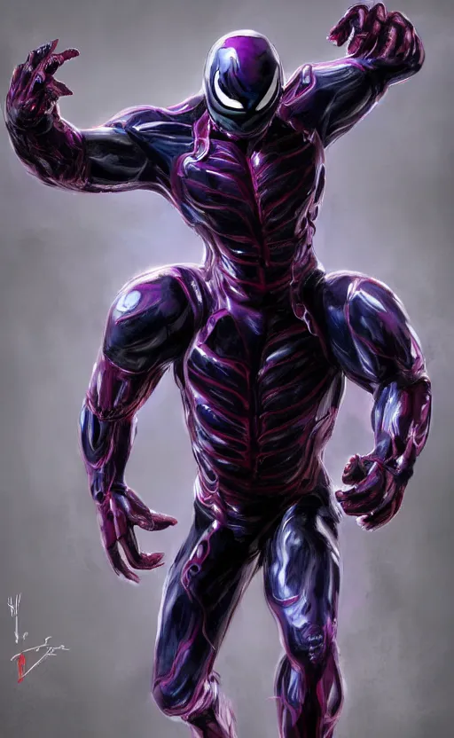 Image similar to venom in a venom inspired ironman suit, purple, black and red, dynamic lighting, photorealistic fantasy concept art, trending on art station, stunning visuals, terrifying, creative, cinematic