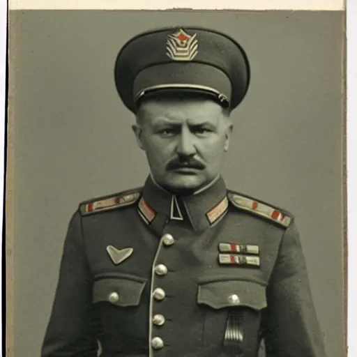 Prompt: photograph of political commissar alexey yeremenko, vintage war photograph, famous photo