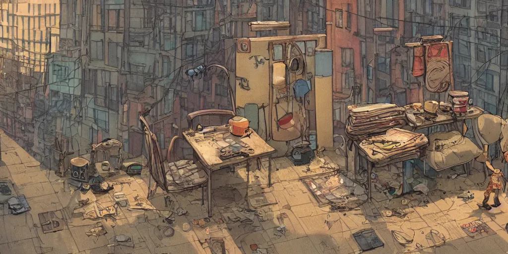 Prompt: a film still from Tekkonkinkreet by Ian McQue , close-up POV from balcony with washing line and clothing, table with a soda can beside a radio, a chair beside the table, chipped floor tiles, dusty, intimate, bits of broken light, hazy atmosphere, vibrant, 50mm lens, video game character and environment design, 2d game lineart behance hd, studio, dramatic lighting, cinematic, global illumination, trending on Artstation, bloom