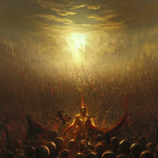 Image similar to artstation concept of a god in armor standing in a crowd gettig cheered, man with arms wide open, bright colorful, gold, hyperdetailed, artstation trending, world renowned artists, worth 1 0 0 0. com, historic artworks society, antique renewel, cgsociety, by greg rutkowski, by gustave dore, deviantart