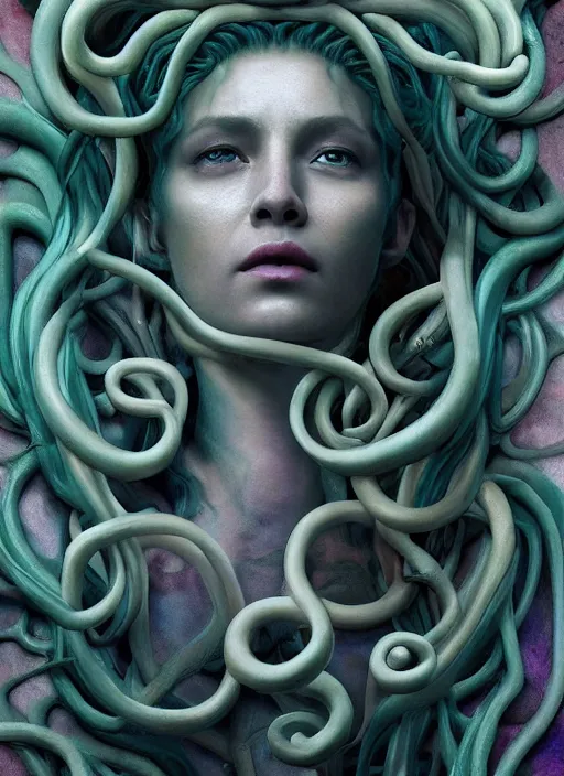 Image similar to medusa made of soft wax, wooden art nouveau swirls, strong subsurface scattering, cables, tubes, subsurface scattering, in the style of ruan jia and pascal blanche and giger, subsurface scattering, mystical colors, rim light, dramatic lighting, 8 k, stunning scene, raytracing, octane render, trending on artstation