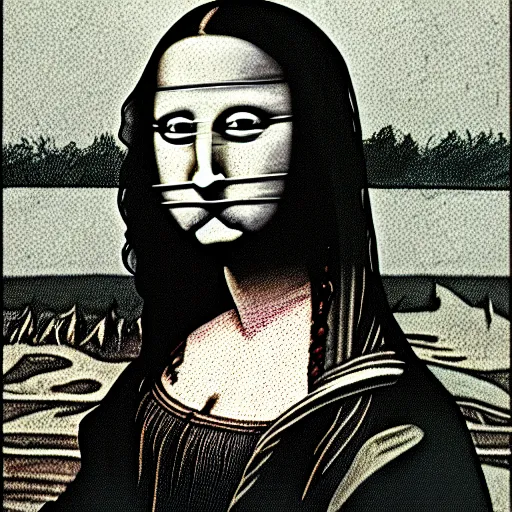 Prompt: grunge drawing of a happy mona lisa in the style of the grudge | horror themed | loony toons style