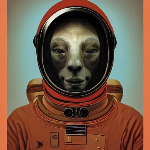 Image similar to Portrait of a Horse astronaut wearing helmet in the style of James Gilleard, Zdzislaw Beksinski, Mark Ryden, Wolfgang Lettl highly detailed, hints of Yayoi Kasuma