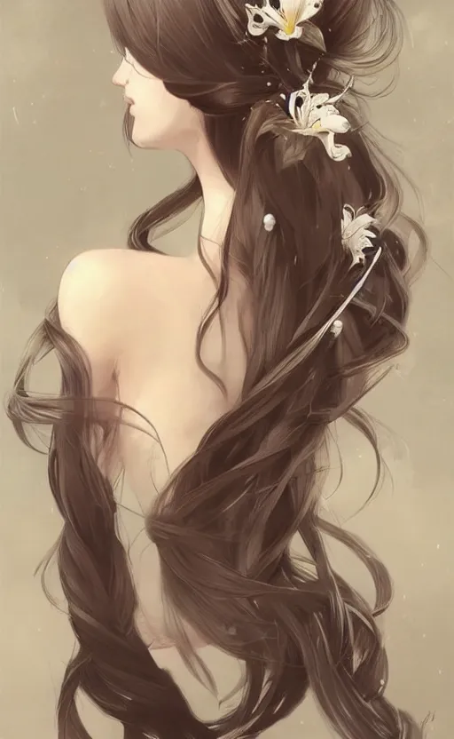 Prompt: beautiful long hairstyle with a lily and a few pearls, pinterest hair picture, back of the hair, hair is the focus, In style of Yoji Shinkawa, krenz cushart, Greg Rutkowski, highly detailed