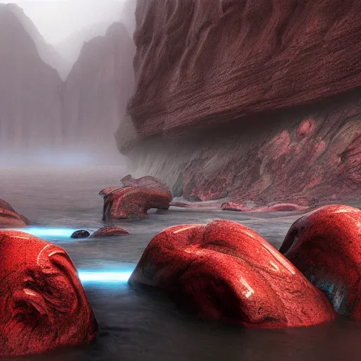 Prompt: a realistic detailed photo of canyon, alien rocks, red rain, water, alien landscape, foggy landscape, light particles, detailed light, epic, cinematic, realistic shaders, trending on realism, detailed textures, detailed, realistic.