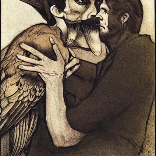 Image similar to A beautiful experimental art of a man, with an animal skull for a head, and a large bird perched on his shoulder. The man is looking up at the bird with a fierce expression, and the bird is looking back at him with what seems to be an equally intense gaze. by Jessie Willcox Smith, by Edward Weston atmospheric
