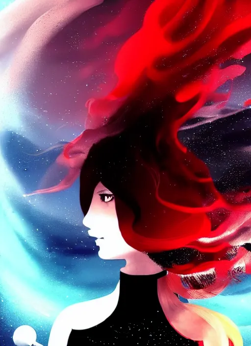 Prompt: highly detailed portrait of a hopeful pretty astronaut lady with a wavy blonde hair, by Helen Frankenthaler , 4k resolution, nier:automata inspired, bravely default inspired, vibrant but dreary but upflifting red, black and white color scheme!!! ((Space nebula background))