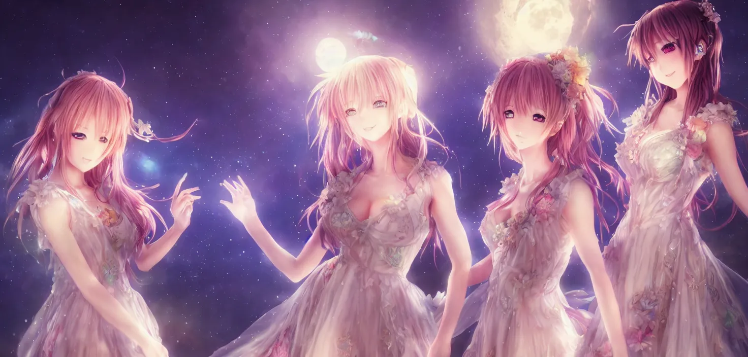 Prompt: two beautiful anime girls wear fantasy dress in festival | | sunny night, full moon, dreamlike art, realistic shaded, smile, good looking, hyper details, 4 k realistic, cryengine, realistic shaded lighting poster by artgerm, ross tran, fuji choko, 8 k resolution, trending on artstation, luxury