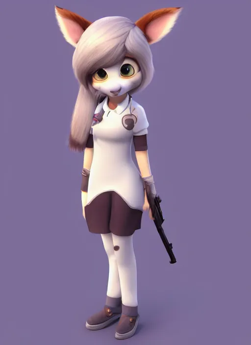 Prompt: female furry mini cute style, character adoptable, highly detailed, rendered, ray - tracing, cgi animated, 3 d demo reel avatar, style of maple story and zootopia, maple story gun girl, grey mouse, soft shade, soft lighting