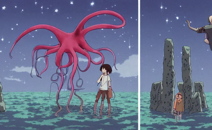 Image similar to a realistic cell - shaded studio ghibli concept art from paprika ( 2 0 0 6 ) of a flying multi - colored octopus from close encounters of the third kind ( 1 9 7 7 ) and grey fairy meditating in a flooded stonehenge on a misty starry night. very dull colors, wide shot, hd, 4 k, hq