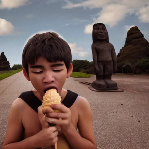 Image similar to a very disgusted and crying kid holding and looking an ice cream cone with a small moai statue in the cone, 4 k photograph